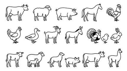 Naklejka premium Farm Animals Line Art Icons - Cute Black and White Vector Illustrations