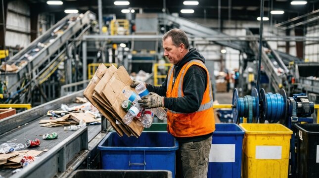 Waste sorting worker lifting cardboard, pet bottles, and aluminum cans beside conveyor bins in a recycling plant
