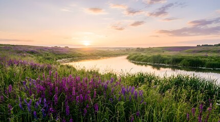 Fototapeta premium Sunset over a winding river with purple wildflowers in full bloom