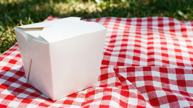 White takeout box on red checkered picnic blanket for same day delivery outdoors