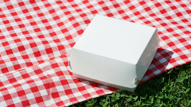 White cardboard food box on red gingham cloth beside green grass for same day delivery packaging concept