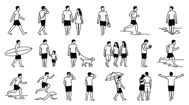 Black  White Line Art: People Icons for Summer Beach  Outdoor Leisure Lifestyle Activities Vector Set