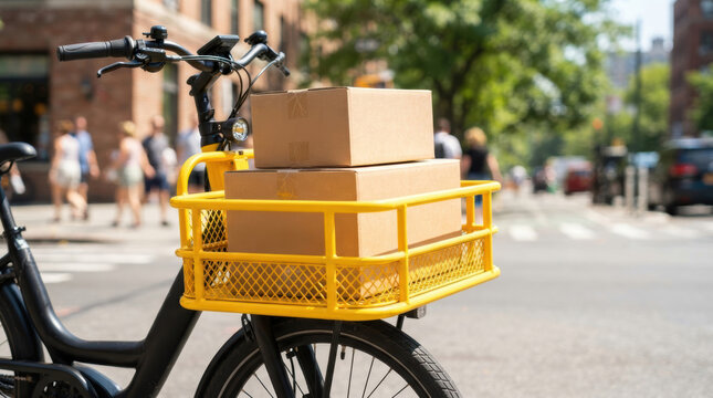 Cargo bicycle with cardboard package prepared for same day delivery on urban street