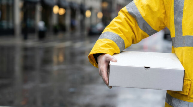 Wet street delivery worker holding cardboard package on same day delivery service in rainy urban setting