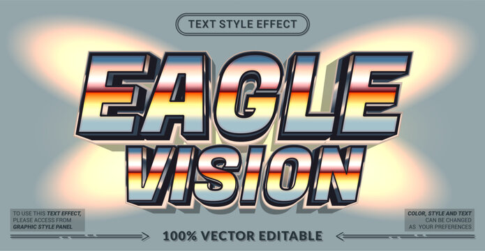 Eagle Vision editable text effect vector featuring bold geometric lettering, metallic silver gradient, warm orange highlights and 3D depth for logos, sports and branding.