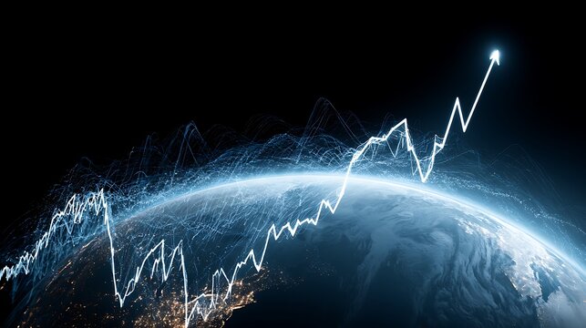 future global economy, enormous rising graph extending across a luminous planet earth, financial data streams connecting continents