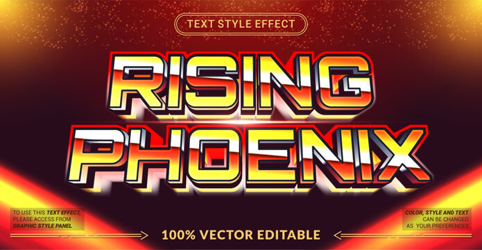 Rising Phoenix editable text effect vector with bold block lettering, fiery red and gold tones, layered 3D shadows, ideal for sports, gaming and powerful branding designs.