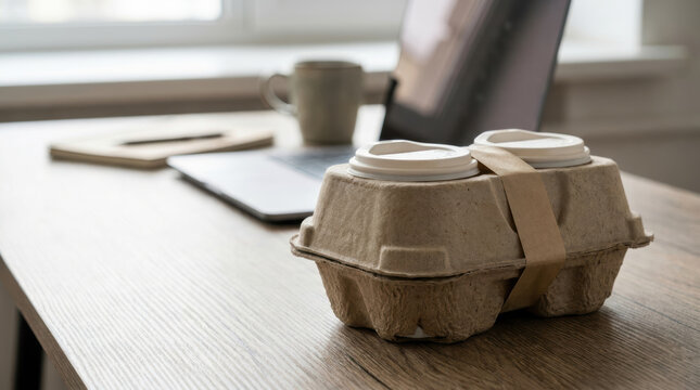 Takeaway coffee cup carrier on wooden desk with laptop and mug for same day delivery service