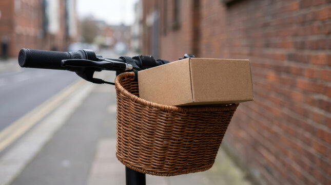 Bicycle basket with cardboard parcel for same day delivery in urban street
