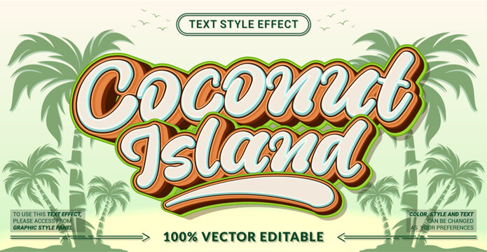Coconut Island editable text effect vector with tropical script lettering, warm orange tones, creamy highlights and layered shadows, perfect for beach, summer and travel designs.