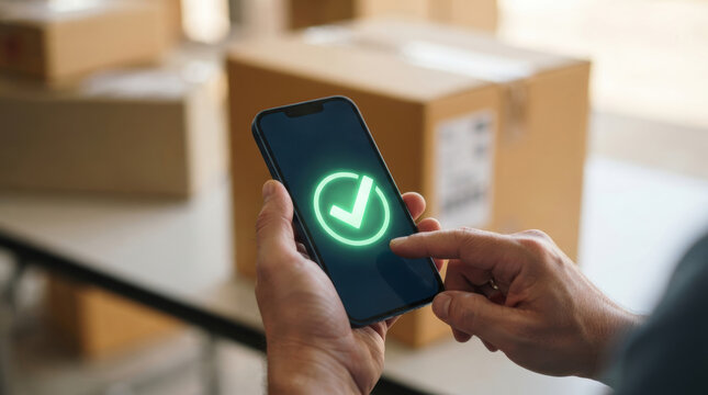 Mobile phone hand delivery cardboard box package confirmation checkmark same day delivery service