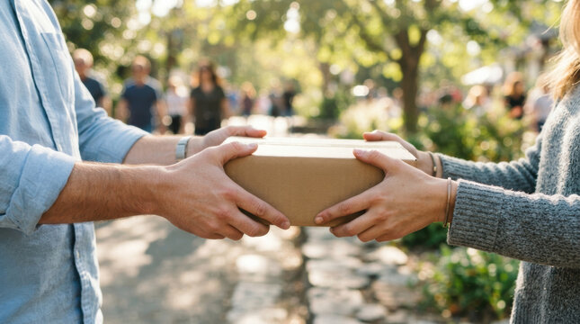 Same day delivery package exchange between unrecognized adults outdoors with warm sunlight and secure hands holding cardboard box