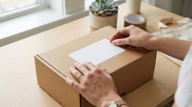 Hands labeling cardboard parcel for same day delivery with blank address card