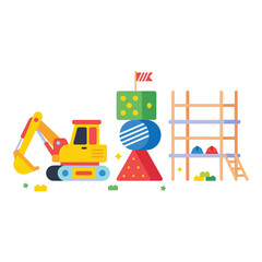 Fototapeta premium This playful vector artwork displays a yellow excavator toy alongside a tall stack of colorful geometric blocks and a wooden scaffolding set.
