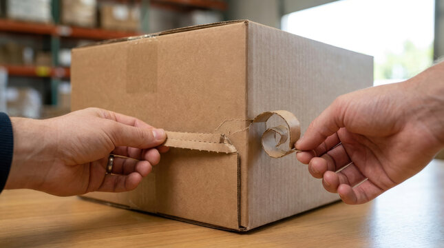 Cardboard box opening same day delivery with hands pulling paper tab in warehouse