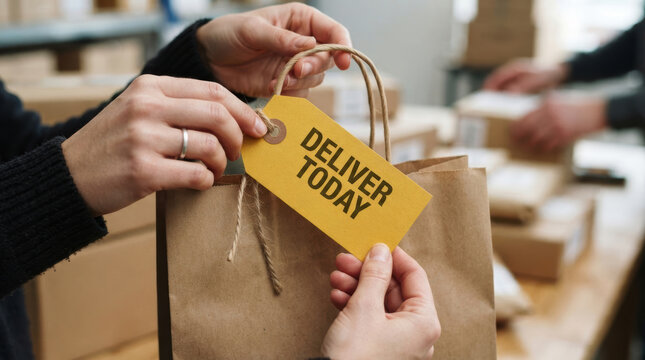 Same day delivery tag attached to paper shopping bag during careful order preparation and customer service