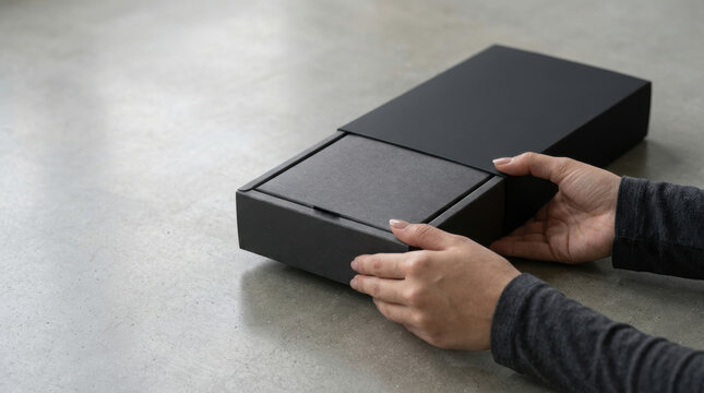 Black gift box opening for same day delivery with careful hands and modern packaging design