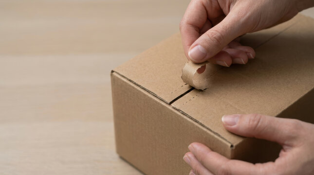 Cardboard package sealing for same day delivery with hands closing box on wooden table