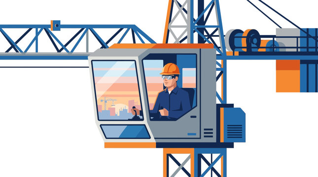 Crane operator in cabin with construction site view