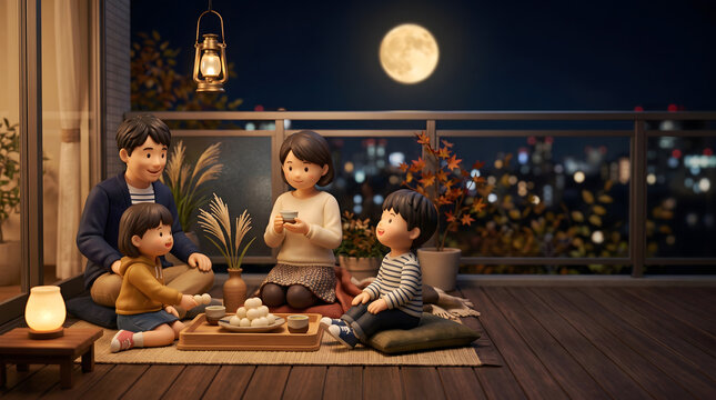 十五夜の夜にベランダで満月を眺めながらお月見団子を楽しむ家族の3Dイラスト
