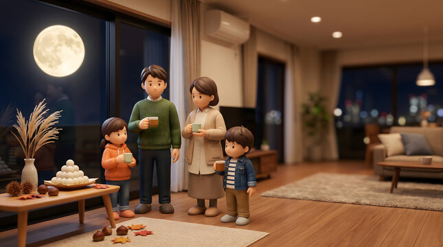 温かいリビングの大きな窓から綺麗な満月を鑑賞する家族の3Dイラスト
