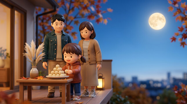 バルコニーで満月を背景にお月見団子を飾る子供と見守る両親の3Dイラスト
