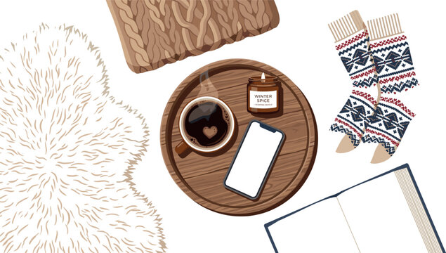 Cozy winter hygge vector flat lay with coffee mug candle smartphone mockup book socks blanket and fur rug.