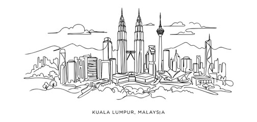 Naklejka premium Kuala Lumpur Malaysia City Skyline Continuous Single Line Art Vector Illustration