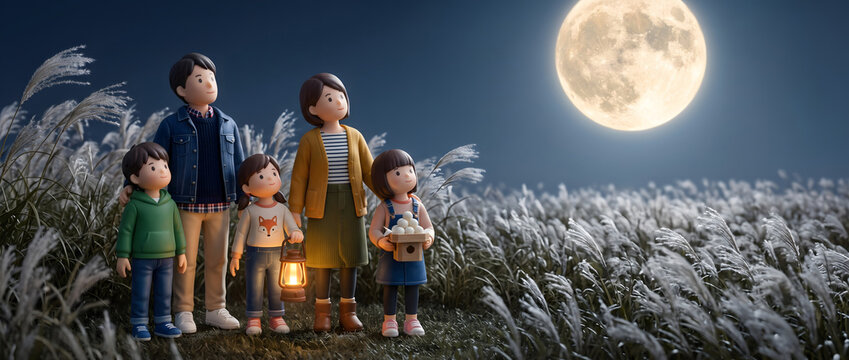 幻想的なススキ畑の中でランタンを手に大きな満月を見上げる家族の3Dイラスト
