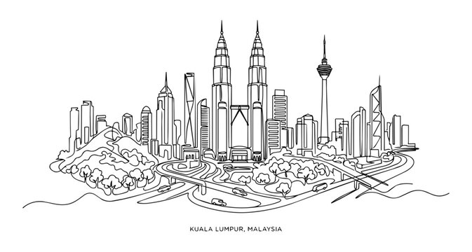 Kuala Lumpur Malaysia Skyline Landmark Continuous One Line Art Vector Illustration