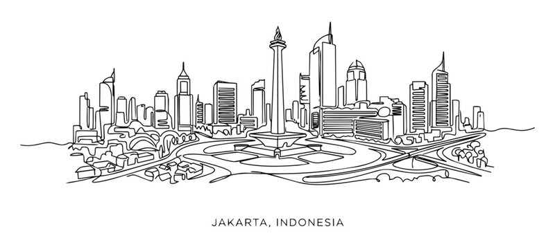 Jakarta Indonesia City Skyline Continuous Single Line Art Vector Illustration