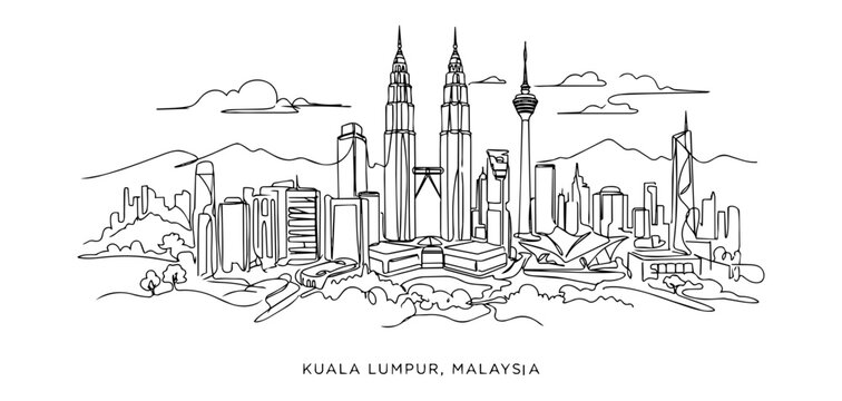 Kuala Lumpur Malaysia City Skyline Continuous Single Line Art Vector Illustration