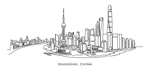 Naklejka premium Shanghai China City Skyline Continuous Single Line Art Vector Illustration