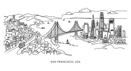 Fototapeta premium San Francisco USA City Skyline Continuous Single Line Art Vector Illustration