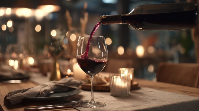 Elegant Wine Pouring Scene in Upscale Restaurant with Linen Tablecloth and Candlelight