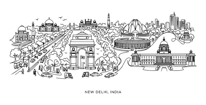 New Delhi India City Skyline Continuous Single Line Art Vector Illustration
