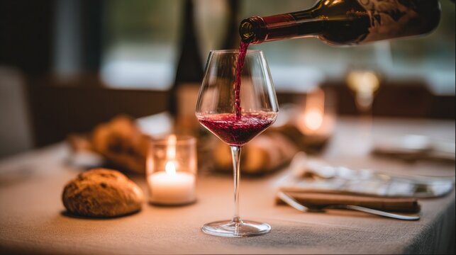 Elegant Wine Pouring into Stemmed Glass on Linen Tablecloth in Upscale Restaurant