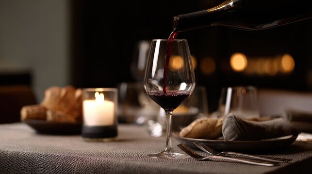 Elegant Wine Pouring into Stemmed Glass on Linen Tablecloth in Upscale Restaurant