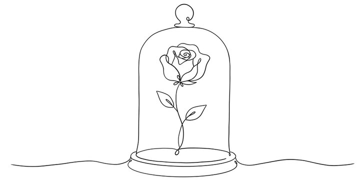 Minimalist line art illustration of a single rose inside a glass cloche