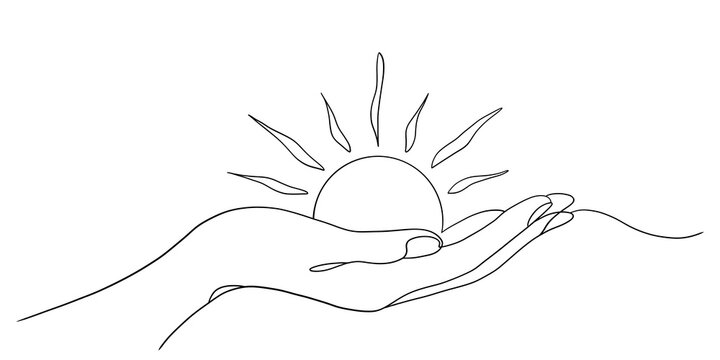Minimalist One Line Drawing of Hand Holding Rising Sun Symbolizing Hope and New Beginnings