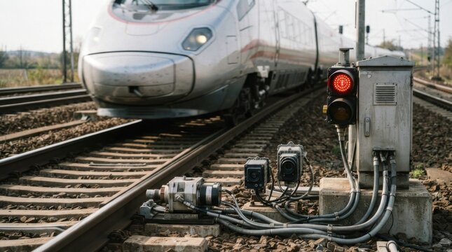 Railway ai concept with axle counters, infrared track sensors, signal cabinet, and streamlined train front on parallel rails.