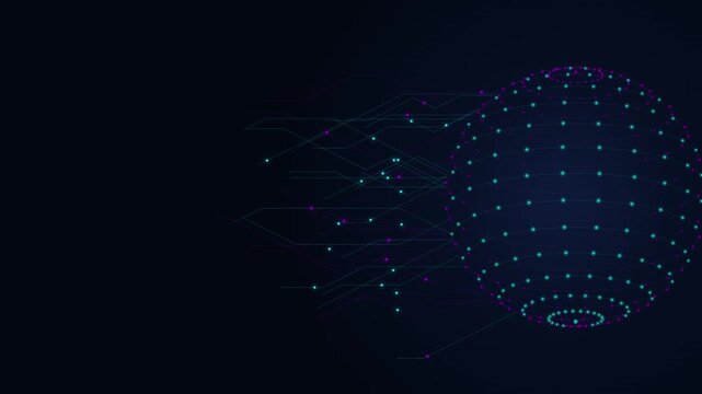 Global digital network sphere animation corporate technology background seamless loop rotating wireframe with glowing nodes and connecting data lines, designed for global and communications