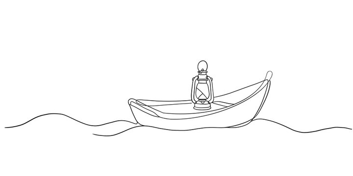 Single Line Art of a Vintage Lantern inside a Small Boat Floating on Sea Waves