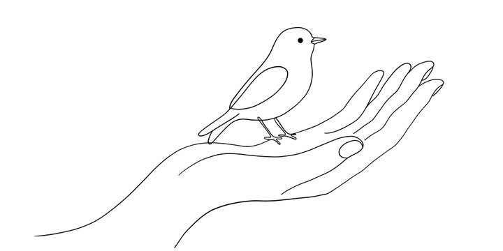 Simple Black and White Line Illustration of a Cute Bird Perched Safely on an Open Hand