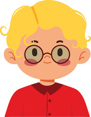 Cute blonde boy avatar with curly hair and round glasses flat vector illustration