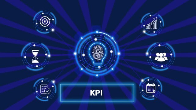 Key performance indicator kpi business analytics and goal tracking graphic loop with glowing biometric fingerprint icon on dark technology background