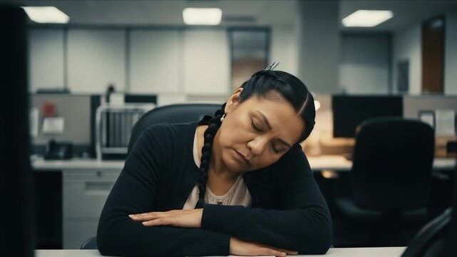 Exhausted mature hispanic woman sleeping at her desk in a modern corporate office workplace during a stressful workday