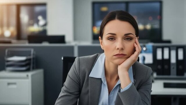 Bored adult caucasian businesswoman resting chin on hand at office desk representing burnout and workplace stress