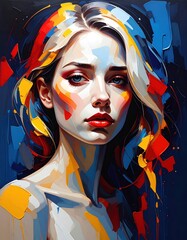 Obraz premium A vibrant, abstract portrait of a woman with colorful brush strokes creating a dynamic, modern expressionist style.