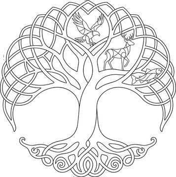 Celtic tree of life silhouette with intricate knot roots and branches featuring birds